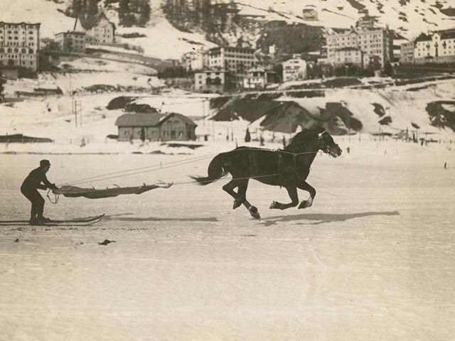 Skijöring v St. Moritz, kolem roku 1906.