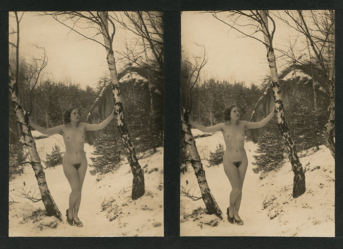 Akt v zimě, kolem roku 1925, stereofotografie