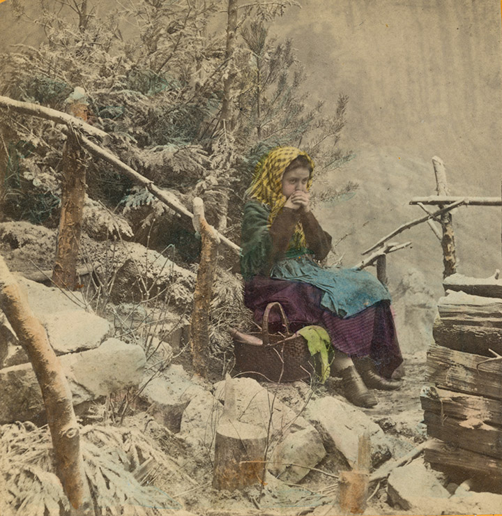 Dcerka dřevorubce ráno, kolem roku 1875, polovina stereofotografie