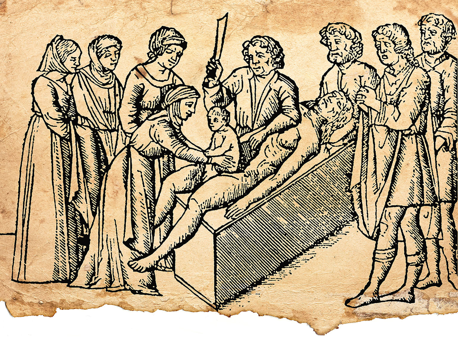 Dřevoryt z roku 1506. Navzdory legendě se tak císař podle všeho nenarodil.