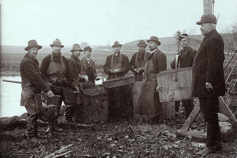 Rybáři u váhy na Starém rybníku u Putimi, 16. listopadu 1906