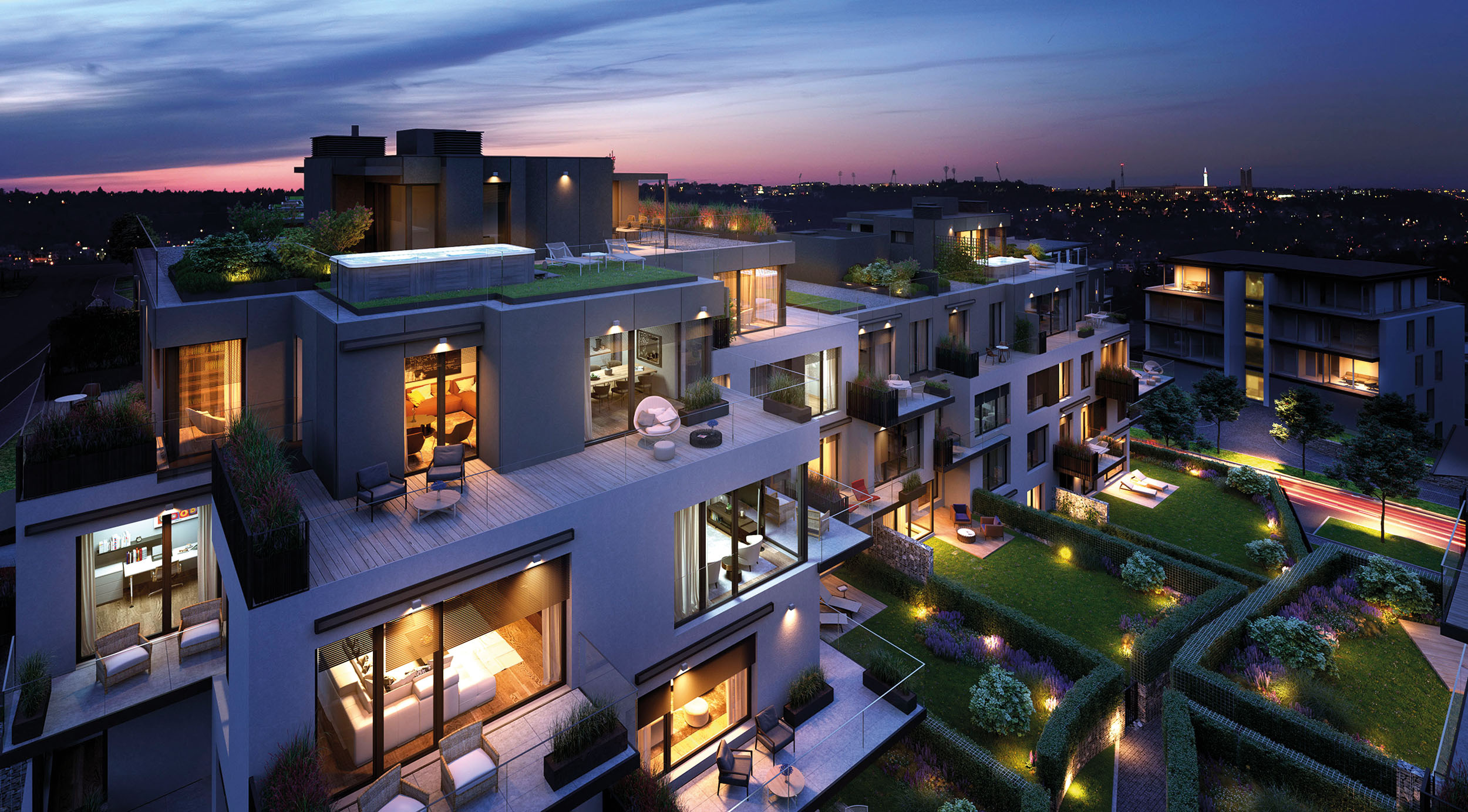 Šest penthousů na střechách bytových domů top rezidence Pomezí na úpatí stolové hory Vidoule v pražských Košířích nabízí výhled na celou západní polovinu Prahy.