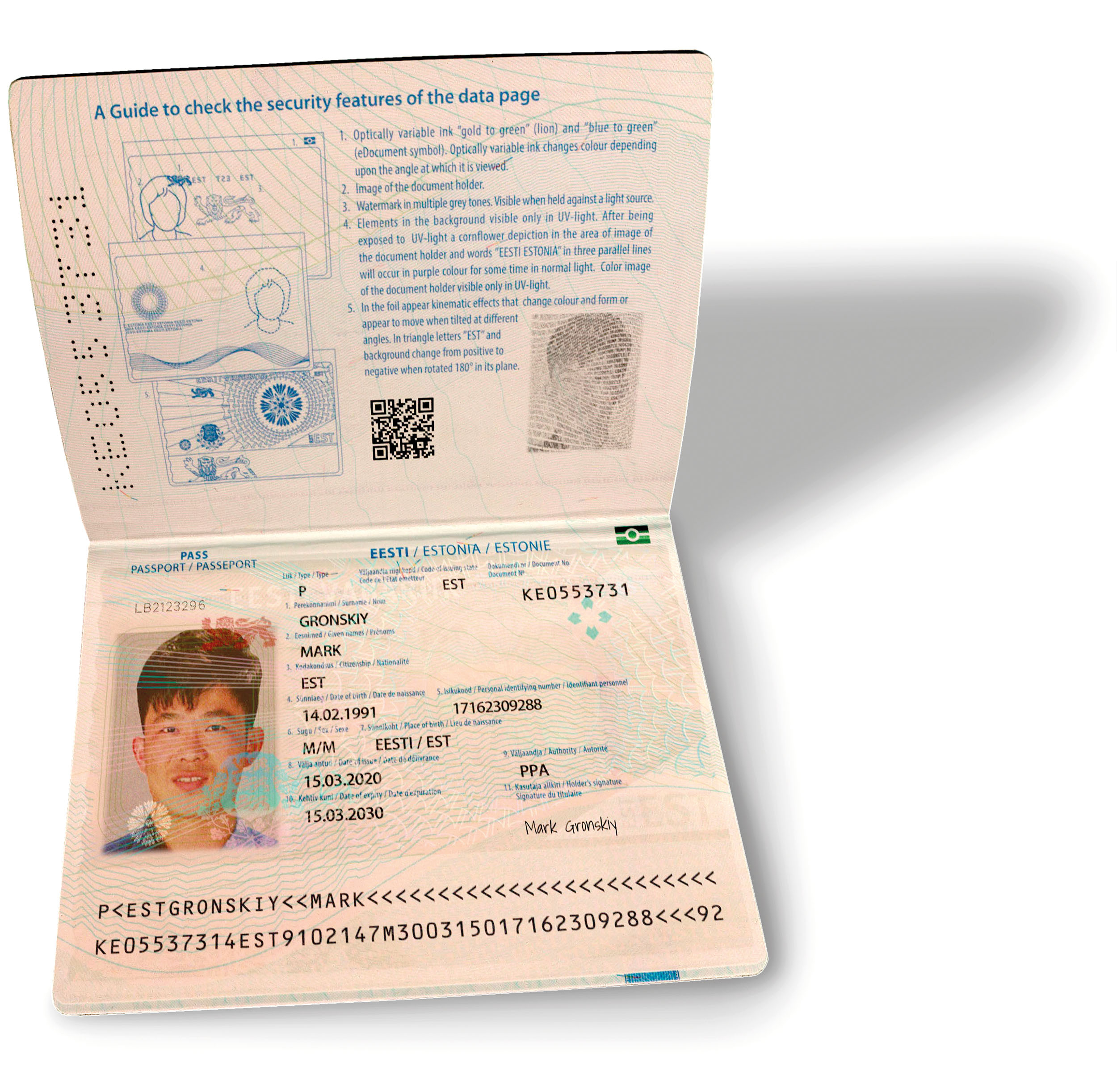 Zdání klame. Falešný pas na jméno Mark Gronskiy měl i funkční QR kód, který budil zdání, že jde o skutečný doklad existující 
i ve fyzické podobě.