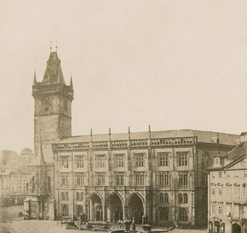 Staroměstské náměstí s radnicí a Krocínovou kašnou, 1856, kopie Zikmuda Reacha.