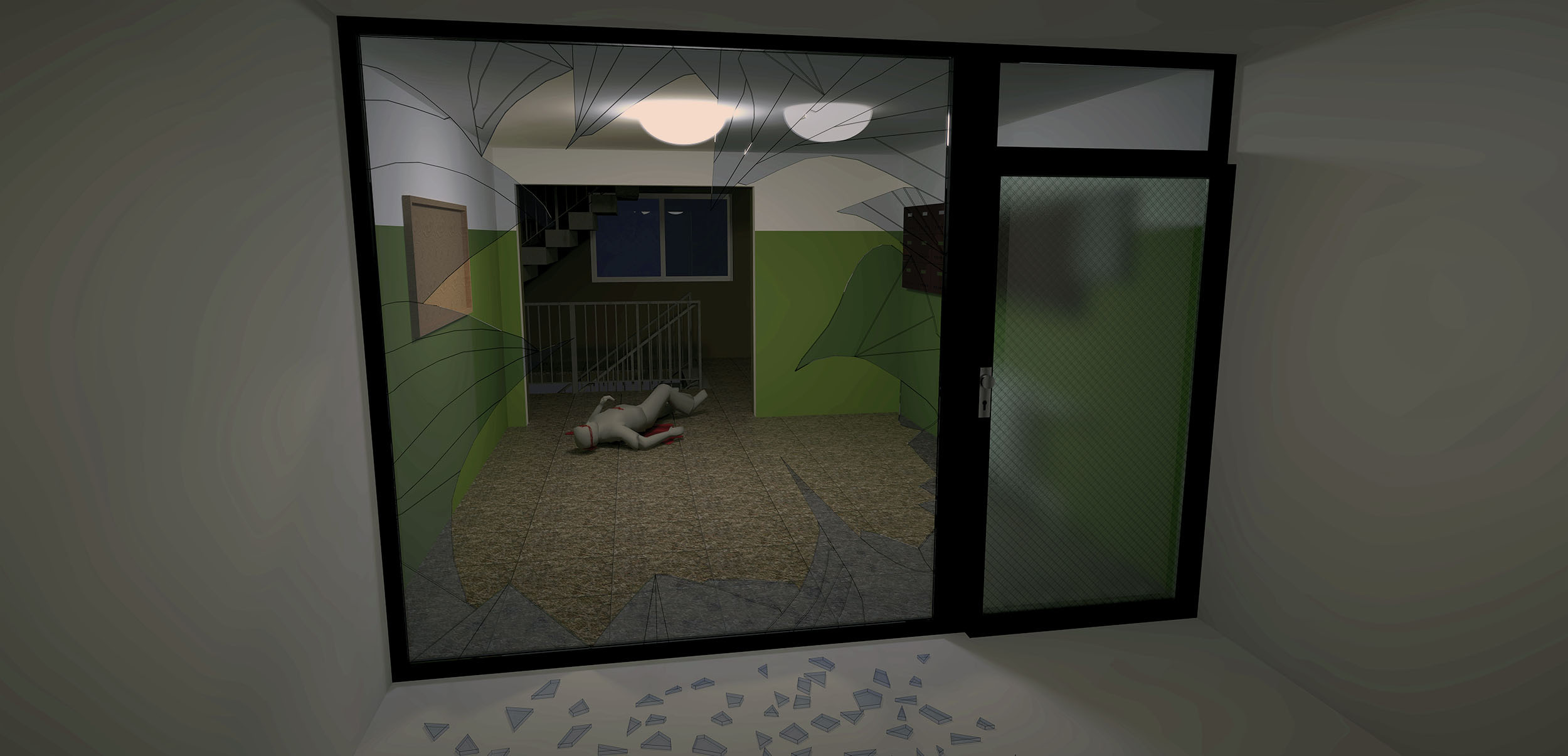 3D vizualizace vstupu do panelového domu na sídlišti Černý Most krátce po pokusu o vraždu. Pachatel rozbil sklo a utekl, Ivan Lhotský zůstal ležet na zemi v tratolišti krve.